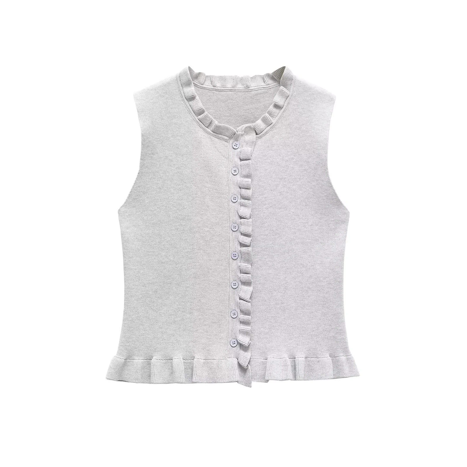 

BM&MD&ZA 2025 sleeveless women's top with ruffled collar and button - down front cute frill details at hem trendy