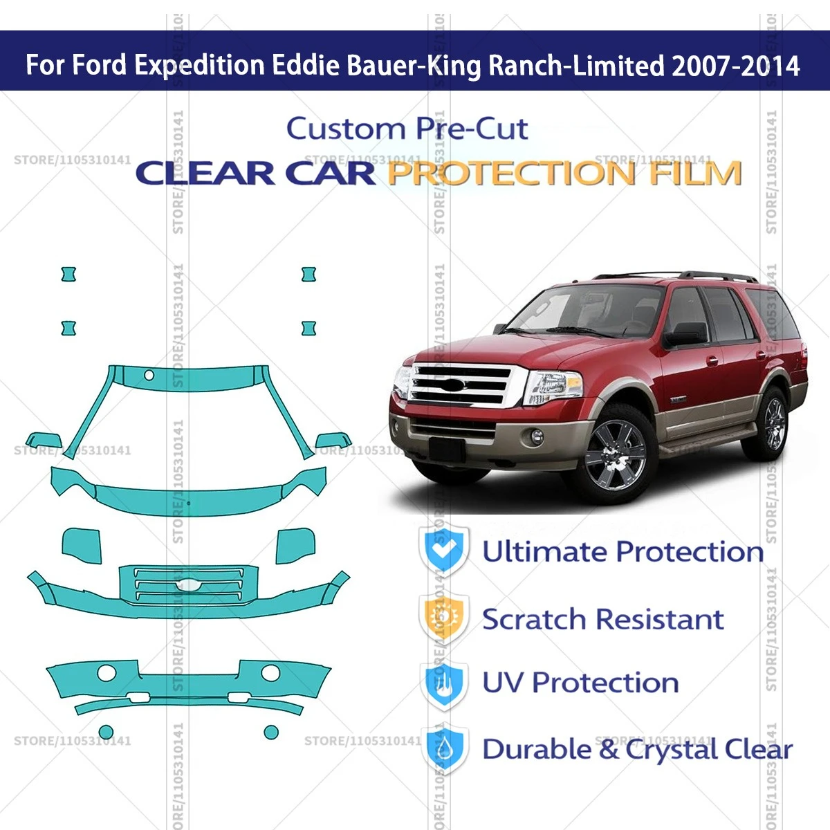 

Для Ford Expedition Eddie Bauer-King Ranch-Limited 2007-2014: Предварительно вырезанная прозрачная защитная пленка (PPF) для автомобиля
