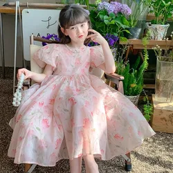 Girls Summer Print Dress 2025 New Children's Princess Gown Big Kids Floral Puff Sleeve Dresses Teen Girl Birthday Party Clothing
