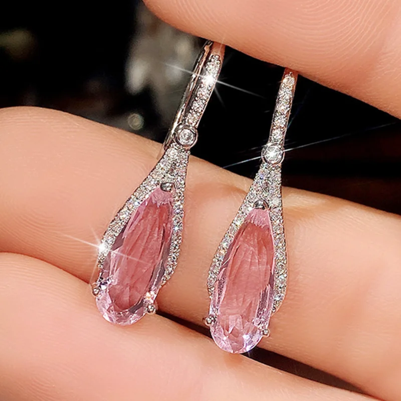 Luxury Silver Color Metal Inlaid Pink Zircon Earrings for Women Exquisite Fashion Engagement Wedding Dangle Earrings Jewelry