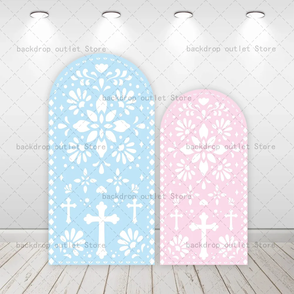 

Мехофонд розовый синий арка для крещения фон крышка полый цветок крест для мальчиков и девочек украшение для вечеринки в первое причастие фото фон