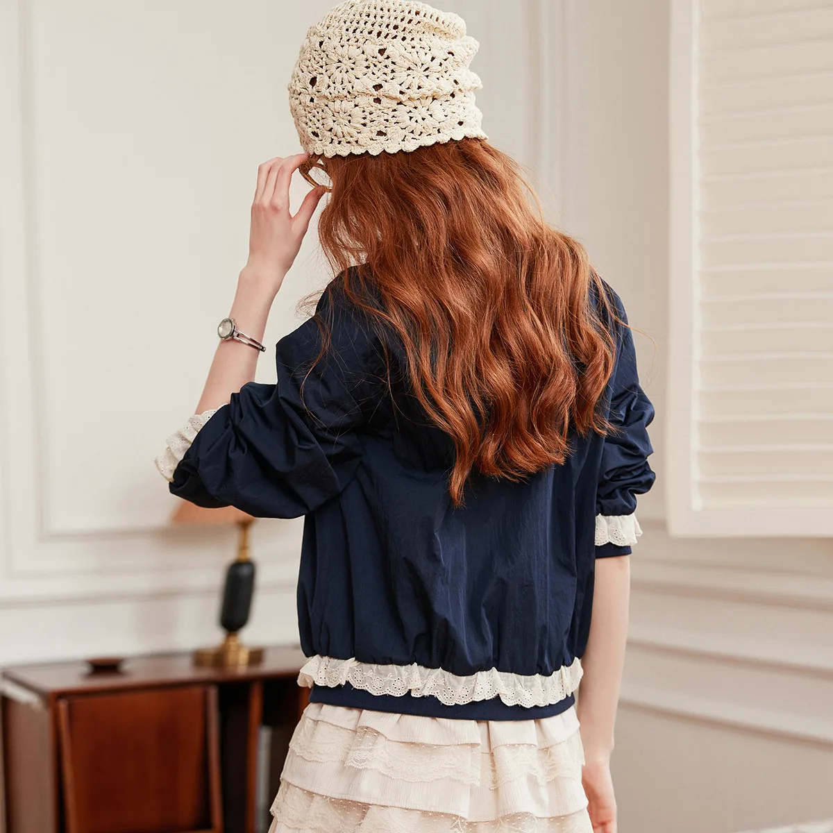 LOUIS YAO Lace Trim Baseball Collar Jacket 2025 Autumn Elegant Sweet Zipper-Up Cardigan with Drop Shoulders Women's Top