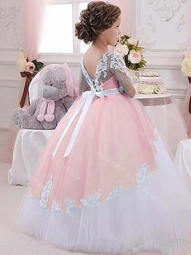 레이스 플라워 걸 드레스, 비즈 장식의 허리띠, 유아용 티어드 튤 소재, 첫 영성체 드레스, 아동 맞춤형 웨딩 파티 볼 가운
