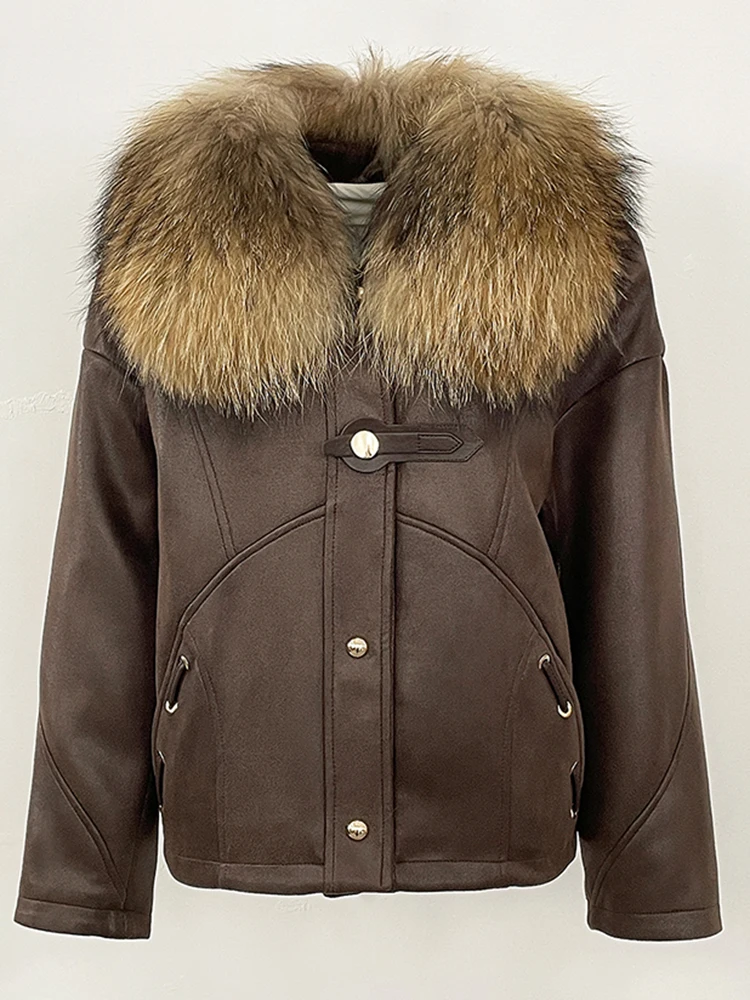 เสื้อแจ็คเก็ตผู้หญิงบุขนห่าน แต่งปกขนสุนัขจิ้งจอกแท้ ผ้าหนังกลับ รุ่นใหม่ประจำปี 2025 เสื้อผ้าฤดูใบไม้ร่วงและฤดูหนาว เสื้อแจ็คเก็ตพัฟเฟอร์ขนสัตว์สำหรับผู้หญิง