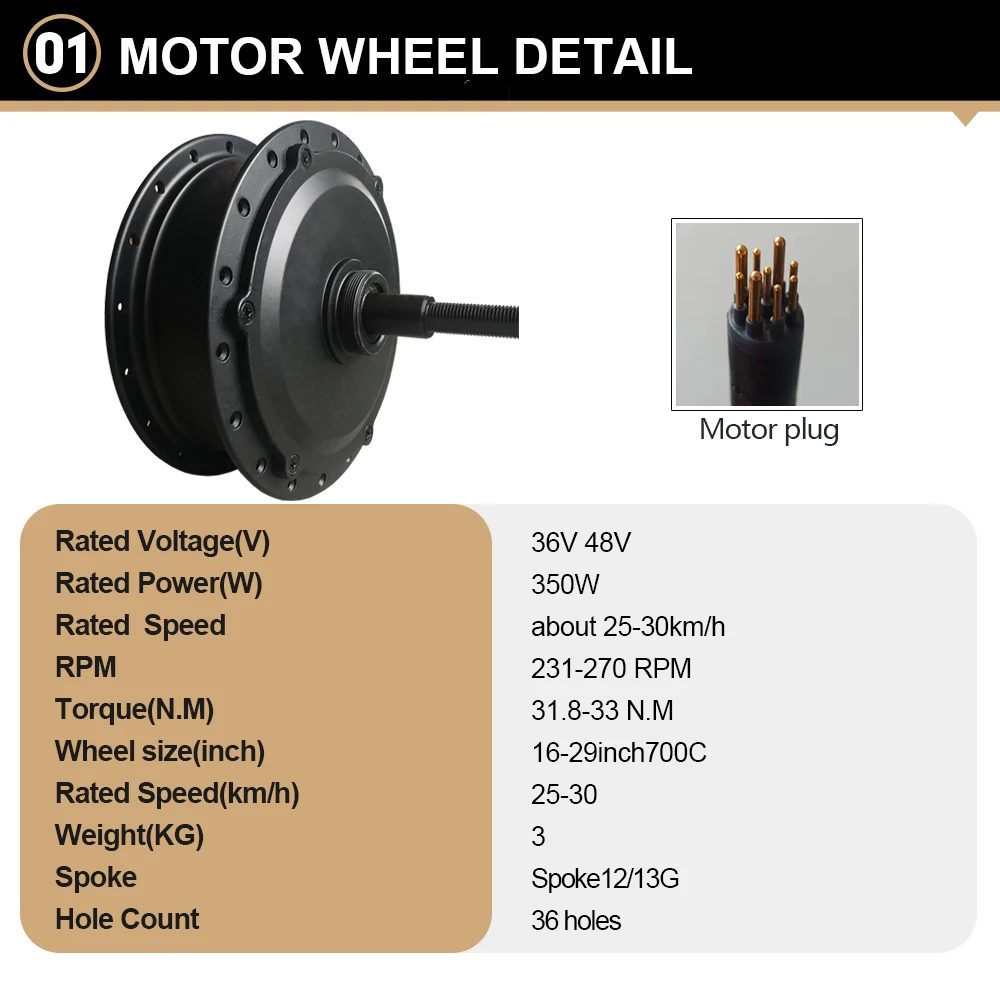 Electric Bike Conversion Kit 135mm Dropout Rear Wheel Hub Motor Kit 350W Brushless Gearless Motor Hub 16-29 inch