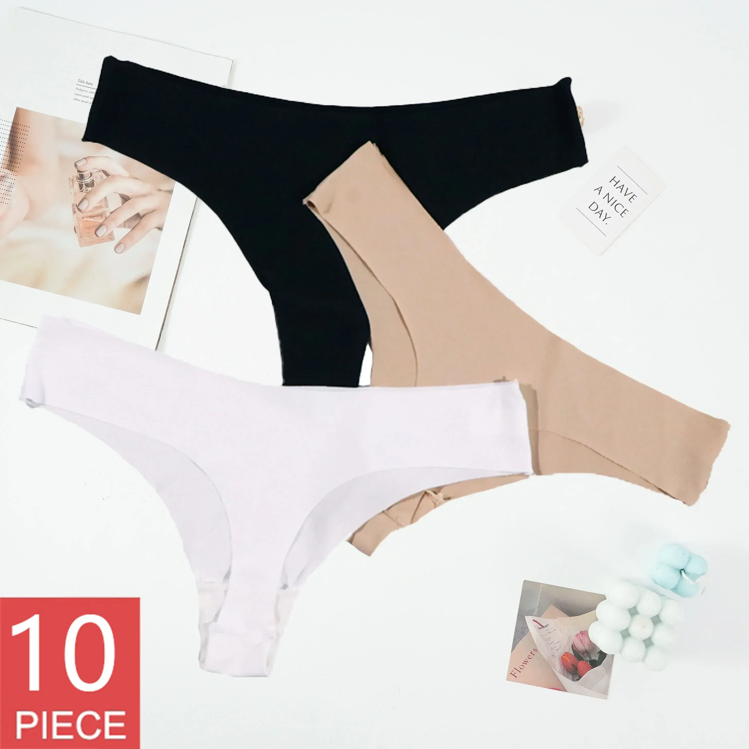 

Female Thongs Seamless Underwear Ice Low Panties Silk G-string Waist 10pcs/set Solid Women's Lingere Sexy Color