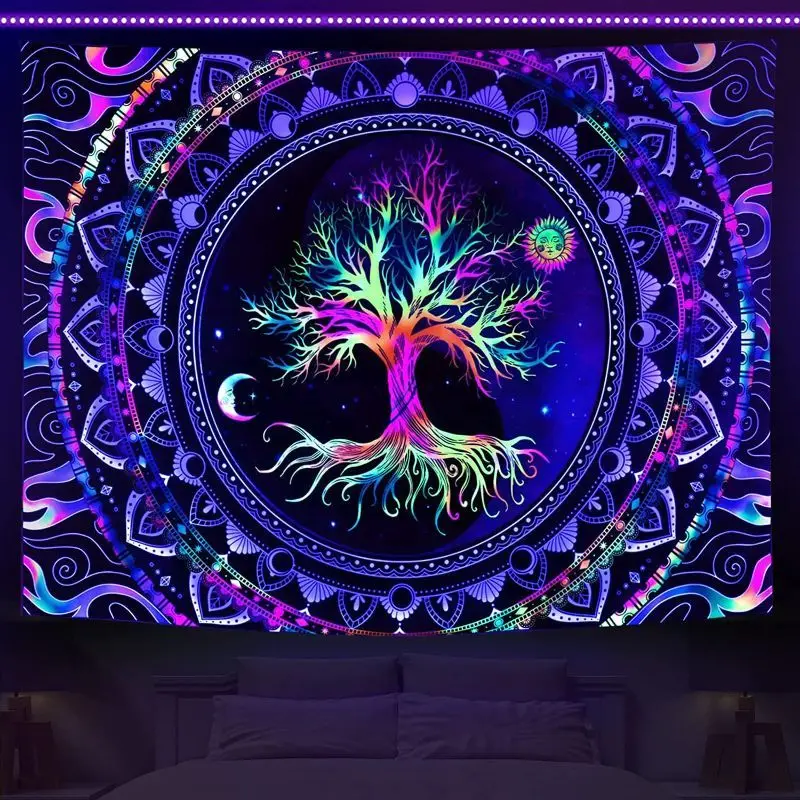 VIKAMA UV Reactive Chakra Meditation Tree Of Life Skull Mushroom Tapestry Bohemian Psychedelic Wall Hanging Home Decor