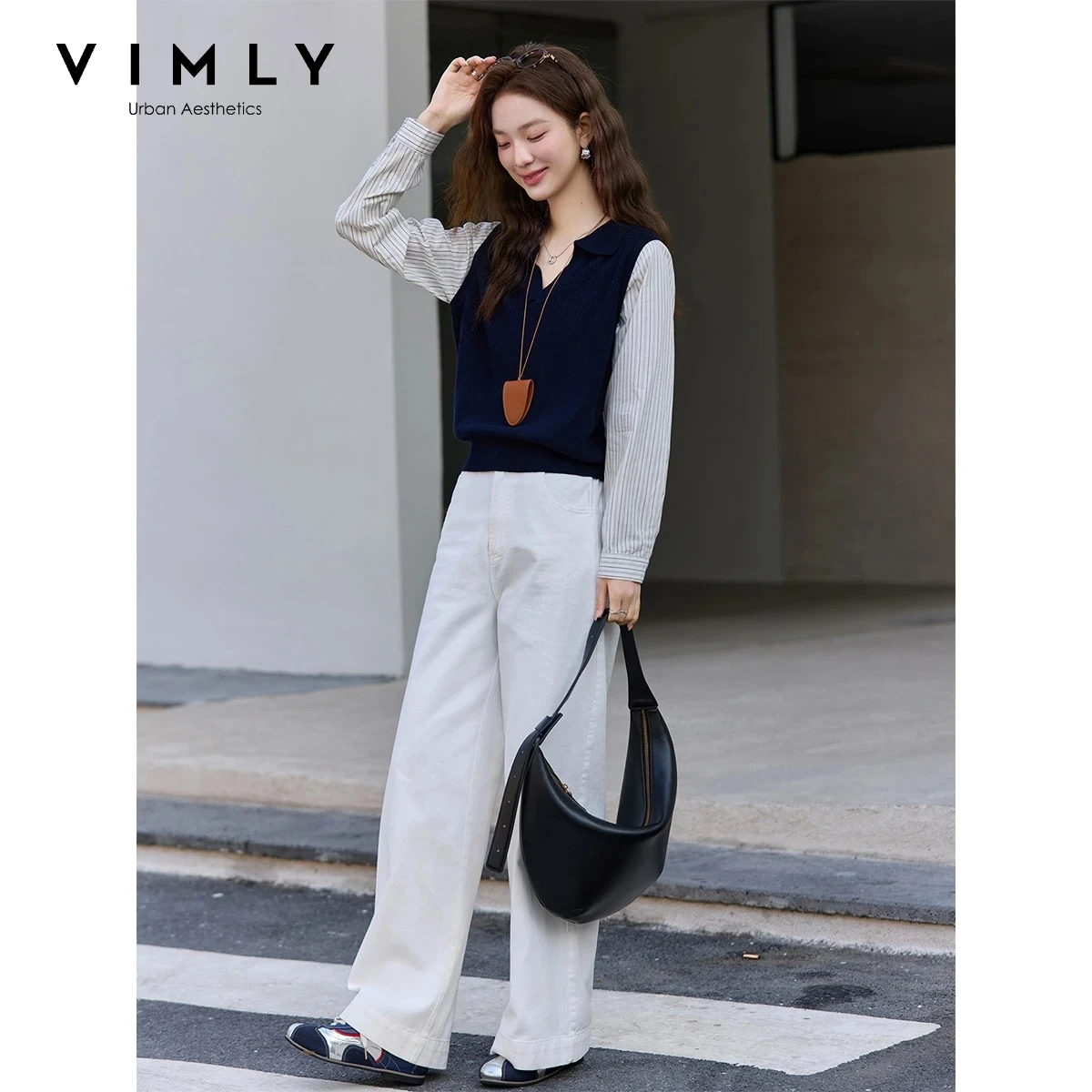 VIMLY Navy Lapel Knit Sweater Women Autumn 2026 Fake Two-Piece Striped Spliced Pullovers Commuter Long Sleeve Tops Female 75318