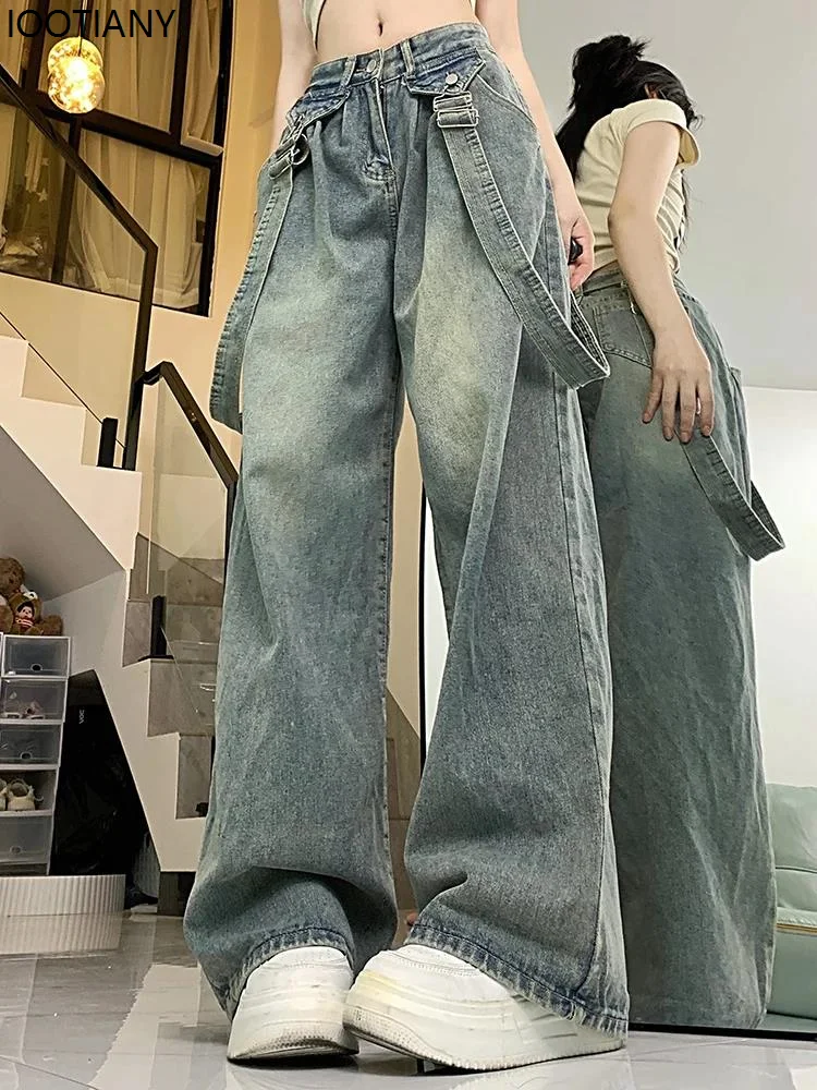 Jeans da donna Y2k gotici High Street da donna a vita alta blu vintage jeans con bretelle hip-hop pantaloni larghi larghi stile street americano