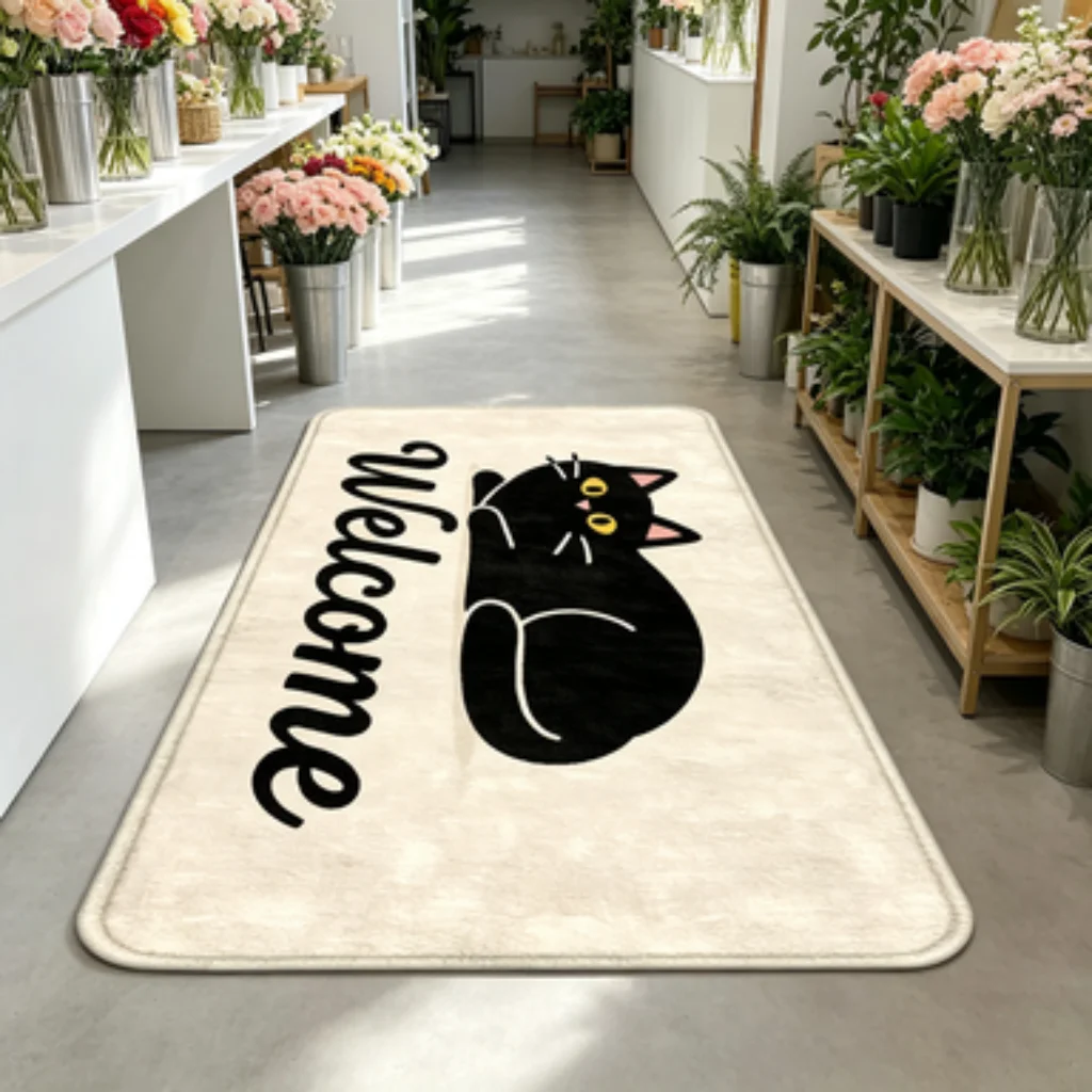 Vintage Floral Welcome Cat Mat, American Entrance Mat, Art Text Welcome Cat Mat, Bunny Animal Welcome Mat, Script Kitten Mat.