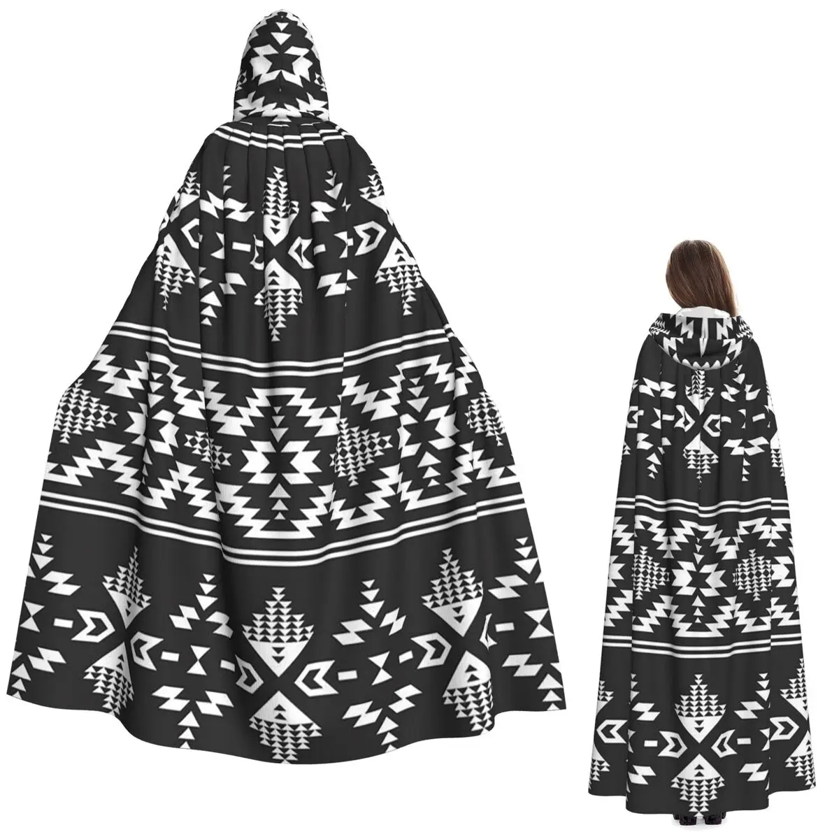 Tribal Navajo azteca étnico Hipster estampado capa larga con capucha bruja disfraz Medieval capa de Cosplay abrigo de Halloween adulto Unisex