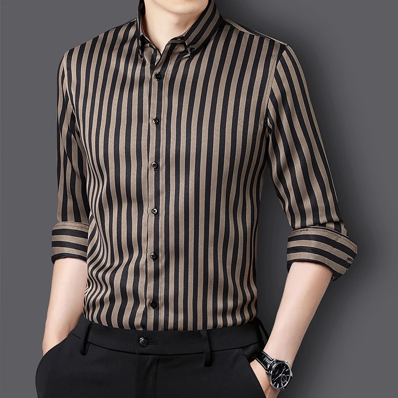 New Autumn Vertical Striped Long-sleeved Shirt Men's Fashionable Slim Dress Shirts Khaki Black Grey Camisa Male Chemise Masculin