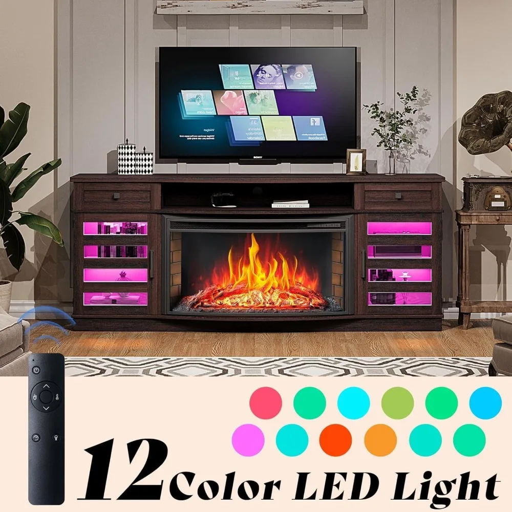 حامل تلفزيون كهربائي على طراز المزرعة مقاس 70 بوصة مع شاشة منحنية 36 LED ودرجين ورفوف قابلة للتعديل #5