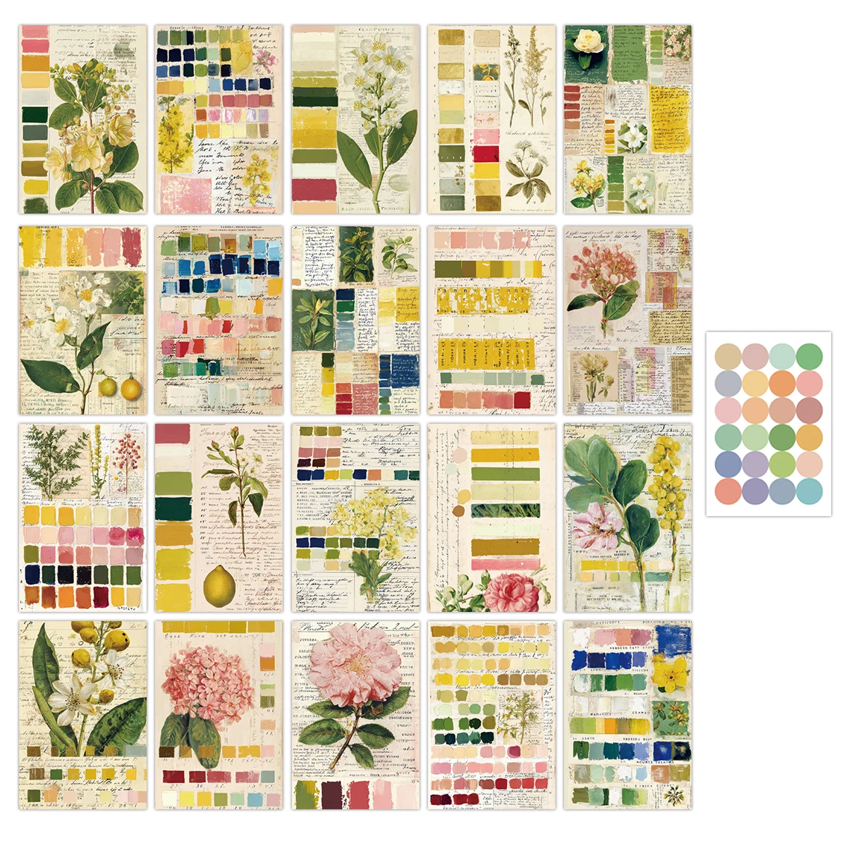 20pcs Vintage Botanical Palette Collage Kit Postcards,Bedroom,Dorm,Office Wall Aesthetic Decoration,Scrapbooking Journaling Card