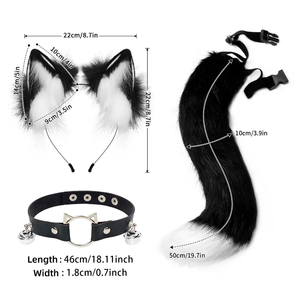 Peludo pele sintética orelhas de gato bandana e cauda de raposa conjunto couro pescoço chocker masculino feminino animal cosplay traje adereços anime acessórios