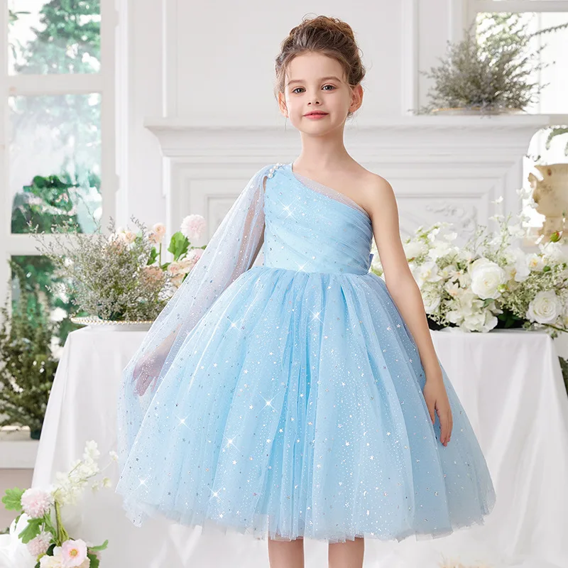 children's slanted shoulder princess dress for girls puffy birthday party catwalk performance wedding