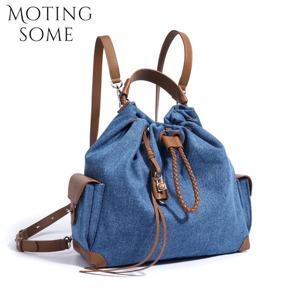 

Motinsome Fashion Women Backpack School Book Bag Denim with Cowhide Leather Back Pack Large Capacity Denim Packsack Retro 2025