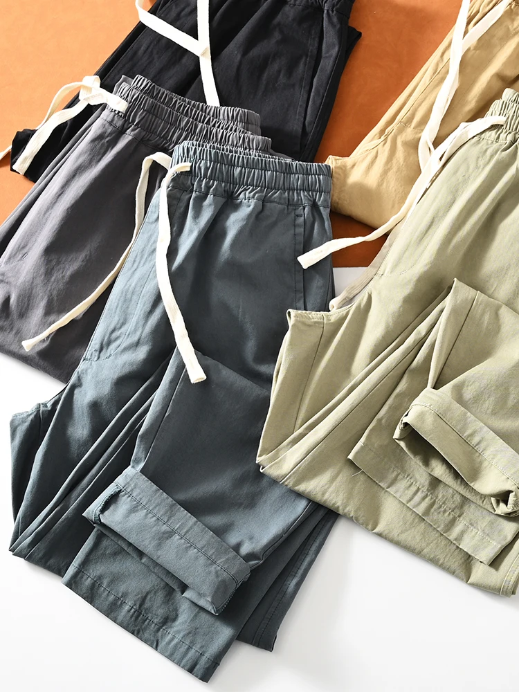 Pure Cotton Men's Casual Pants Spring Summer Thin Loose Straight Leg Full Cotton Leisure Trousers Youth Active Style Long Pants