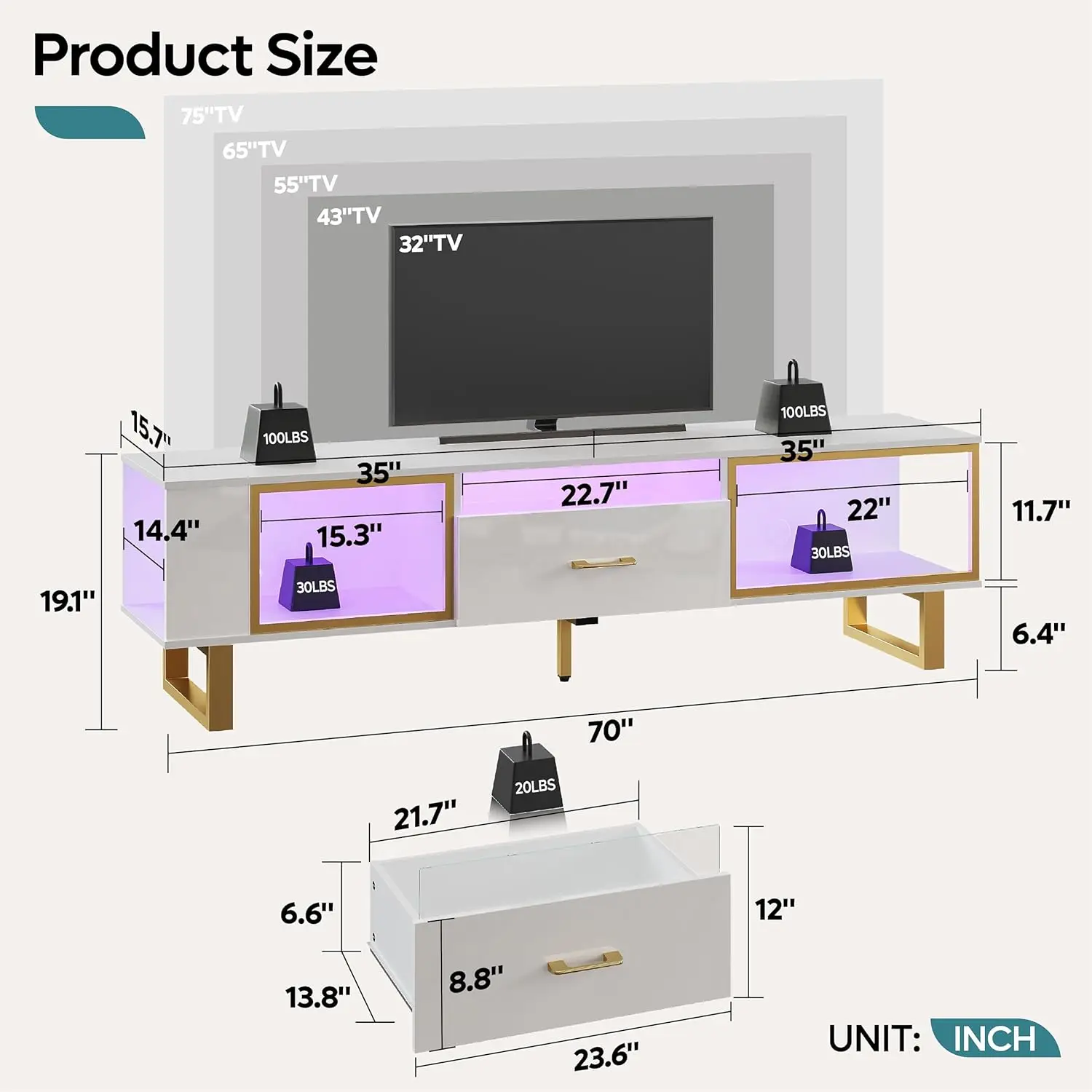 Bestier TV Stand with LED Light for TVs up to 80 Inch, White Entertainment Center