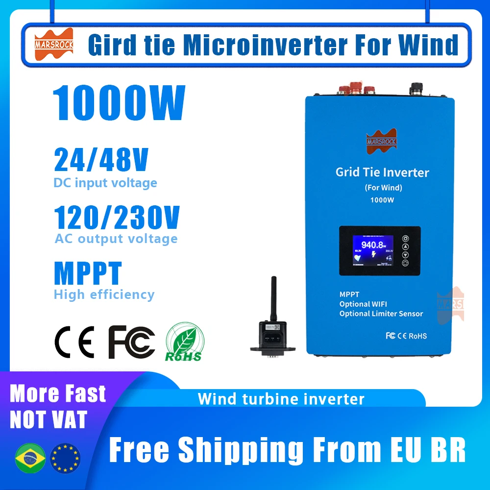 Inversor Mppt de Energia Eólica com Sensor Limitador Interno 1000w 24v 48v 110v 220v ac Onda Senoidal Pura para Gerador Eólico Fases
