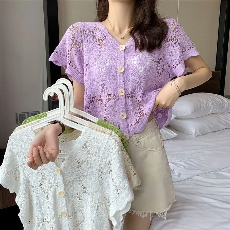 Shawl Knitted Cardigan Women\'s Summer Short Sleeved Thin Top with Skirt Blouse Vintage Clothes for Women Tops Shirts Blouses