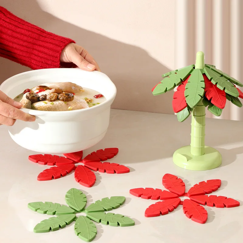 

4PC Set Leafs Mat With Tree Trunk Storage Rack Coasters Anti-Slip Heat-Resistant Silicone Mats for Table Insulated Cookware Pad