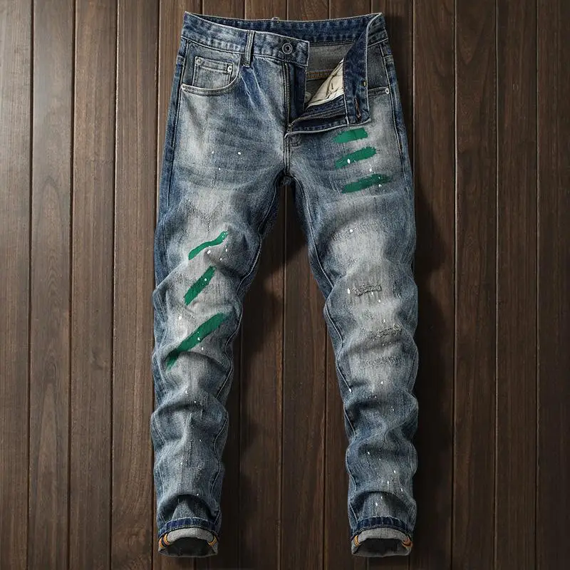 

Personalized paint graffiti jeans for men, slim fit with small holes, scraped and trendy casual elastic pants