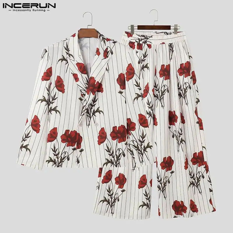 INCERUN-Blazer e calças de manga comprida com lapela estampada com flores, ternos casuais masculinos, conjuntos soltos de streetwear, moda, S-5XL, 2pcs, 2023