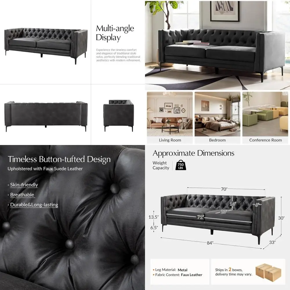 Sofá auxiliar de cuero de 84 anchos con patas de metal, 3 plazas capitoné con botones, sofá tapizado moderno del siglo para sala de estar, Charco