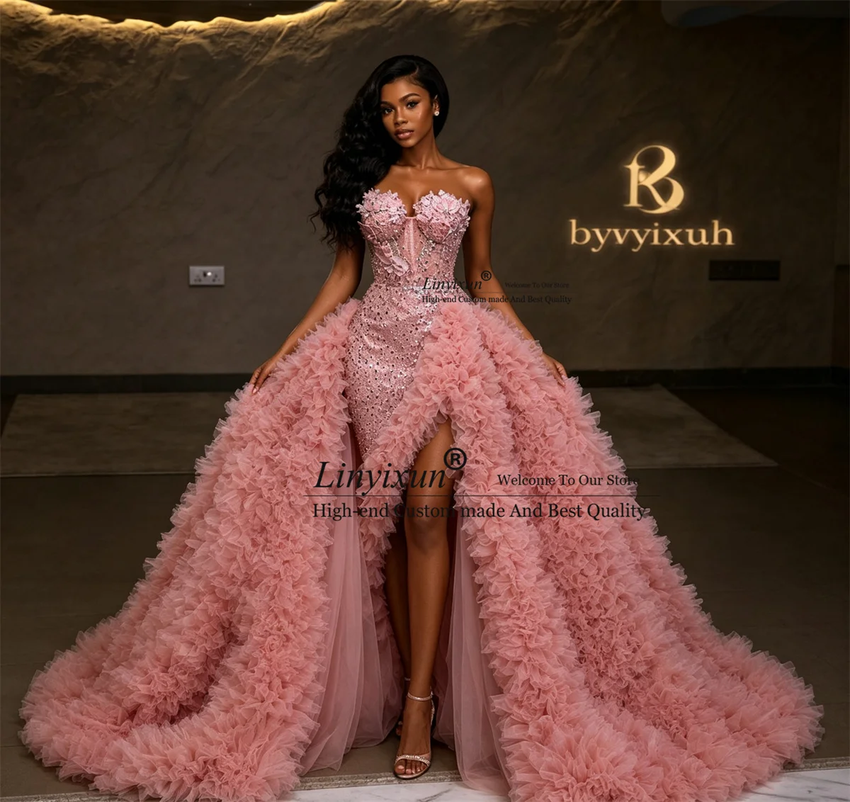 Glitter Crystal Diamond Prom Dresses For Black Girl Customized Evening Gala Gown Aso Ebi Sequin Ruffles Slit Wedding Party Dress