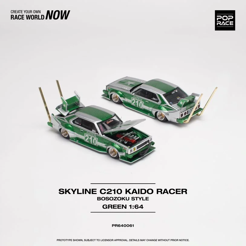 Pop Race In Stock 1:64 Skyline MK5 C210 Kaido Racer Bosozoku Green Silver Openable Hood Diecast Diorama Car Model