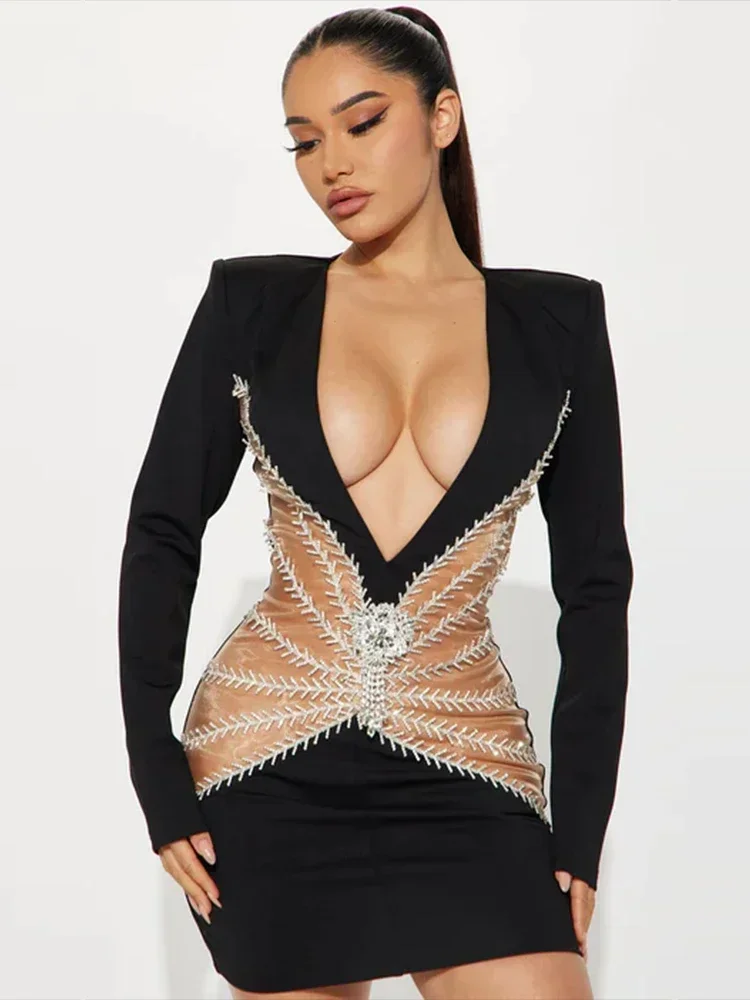 

BEVENCCEL 2023 Women Sexy V-neck Long Sleeve Luxury Diamond Mesh Spliced Tight Mini Bandage Dress Elegant Celebrity Party Dress