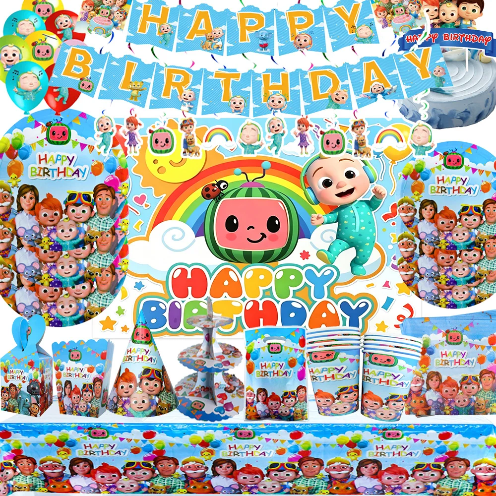 Cartoon Regenbogen Familie Animation Geburtstags-Dekoration Geschirr Teller Servietten Tischdecke Hintergrund Wassermelonen-Thema Baby-Party-Zubehör