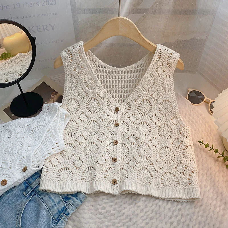 Women Summer Hollow Out Knit Vest French Style V-Neck Sleeveless Hooked Flower Sweater 2023 New All-Match Outwear Short Top