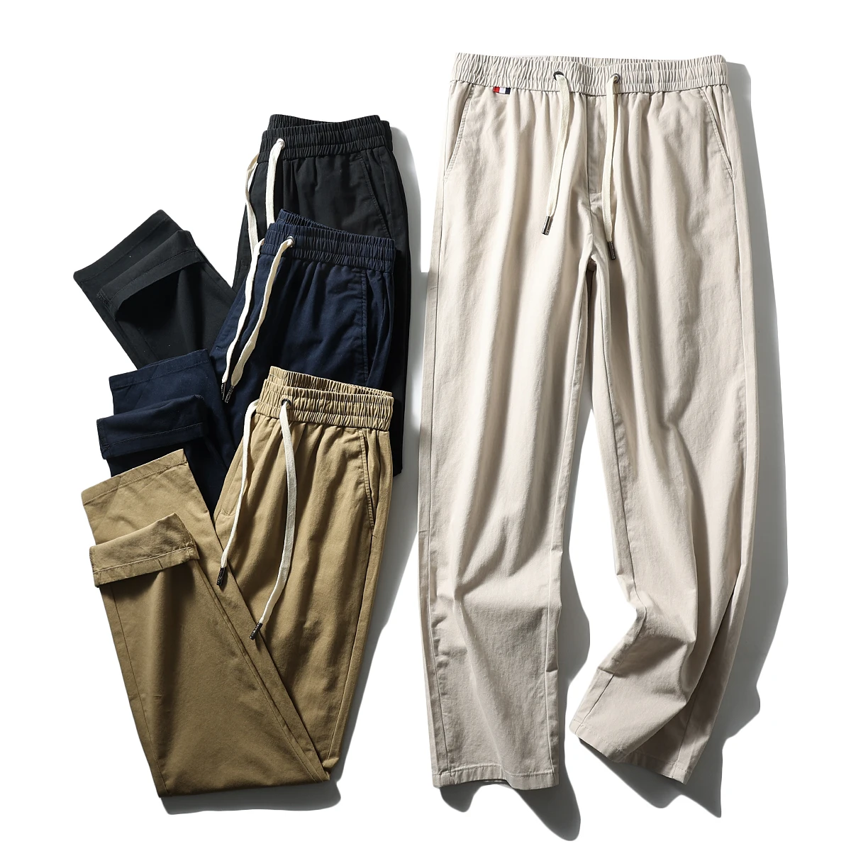 

Casual Cotton Khaki Spring Commuter Long Pants Men's Slim Fit Elastic Waist Pure Color Breathable Faionable Straight Leg Tr...