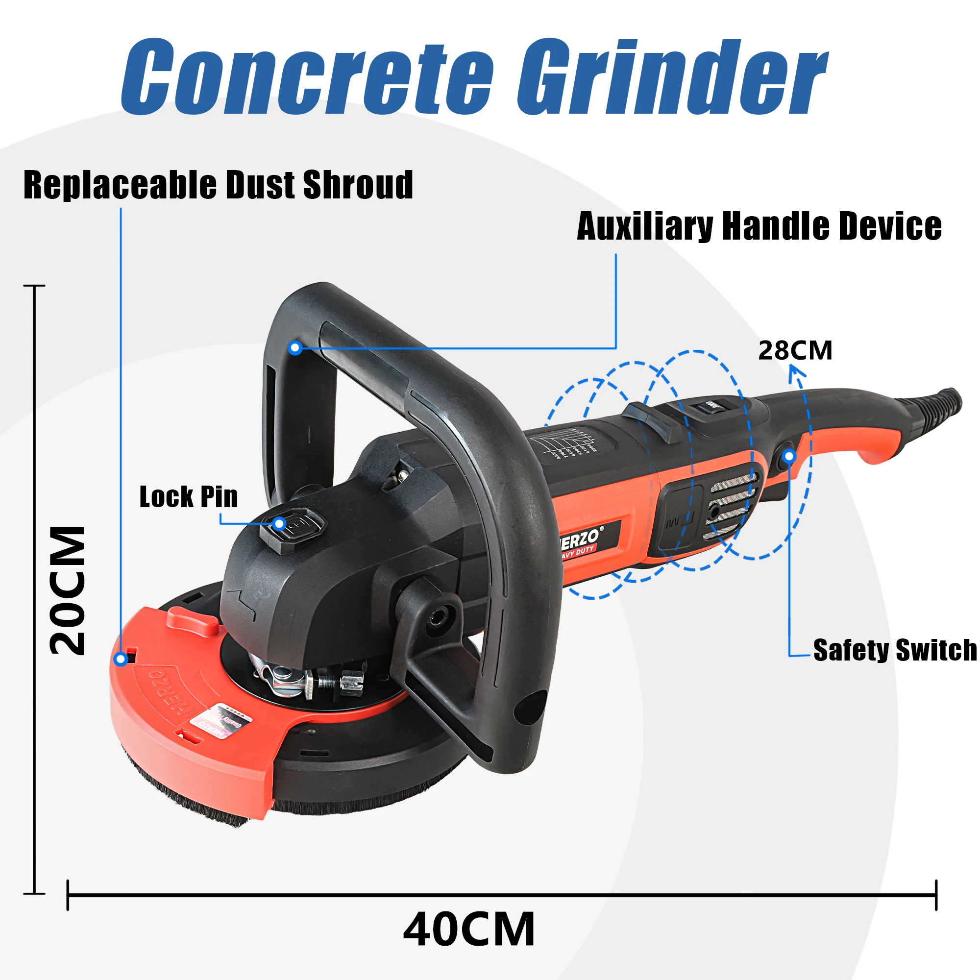 مطحنة رمل خرسانية HERZO بقدرة 1600 وات، مطحنة حجرية محمولة متعددة الوظائف خالية من الغبار وآلة طحن وتلميع الخرسانة