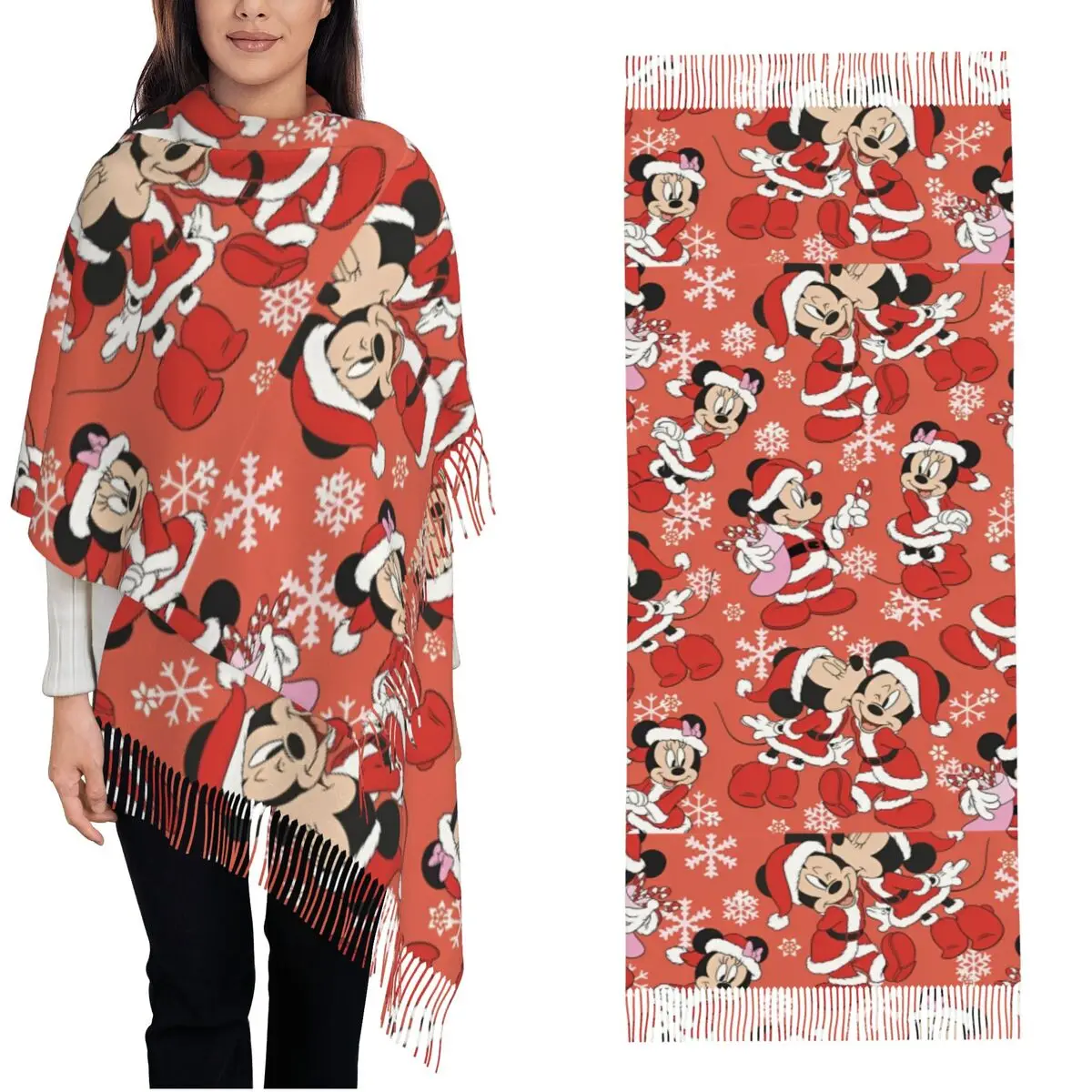 Merry Christmas Mickey Mouse Shawls Wraps for Ladies Winter Long Soft Scarf Minnie Kiss Love Pashmina Tassel Scarves