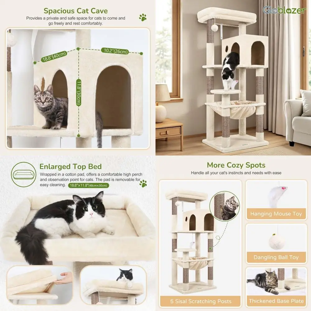 53 برج تسلق قطط طويل القامة متعدد المستويات مع عمود خدش، أرجوحة، كهف، وسرير علوي مبطن، بيج #1