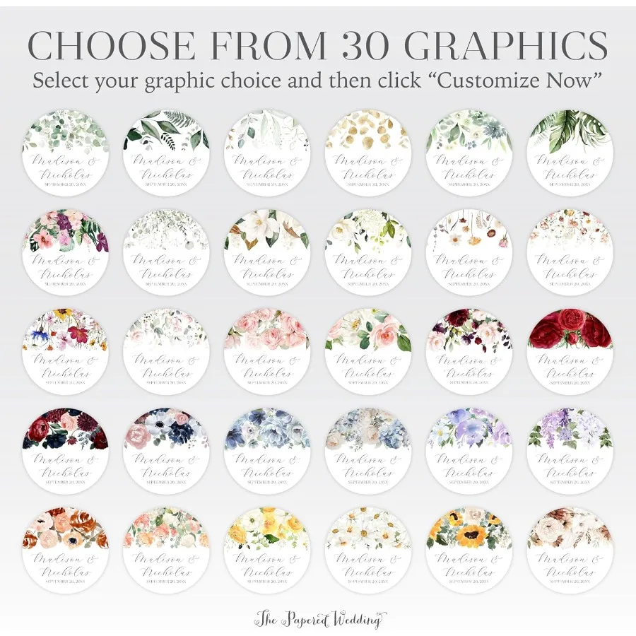 ملصقات زفاف زهرية مخصصة مع اختيارك من 30 أنماط زهرة - قم بتخصيص الخط واختيار واحد من خمسة فرا مسبقة الصنع #6