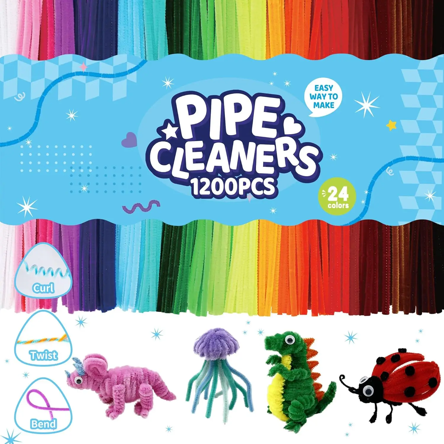 

1200 Pcs Chenille Pipe Cleaners for Crafts - Assorted Colors Fuzzy Sticks, DIY Art Supplies for Classroom Projects & Decorations