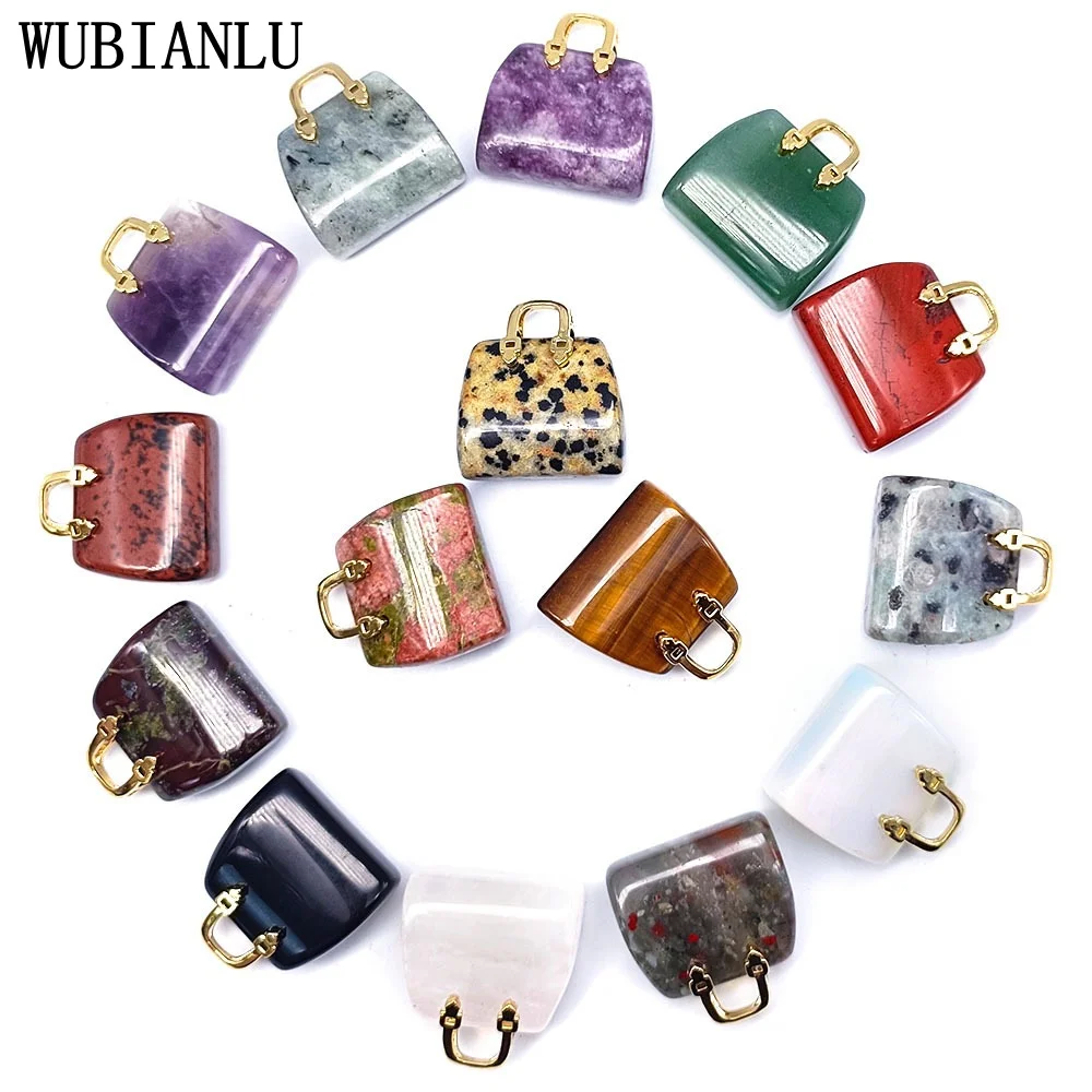 Crystal Mini Handbag Pendant for Women Necklace Bracelet Natural Stone Amethyst Tiger Eye Lapis Lazuli Powder Dongling Jade