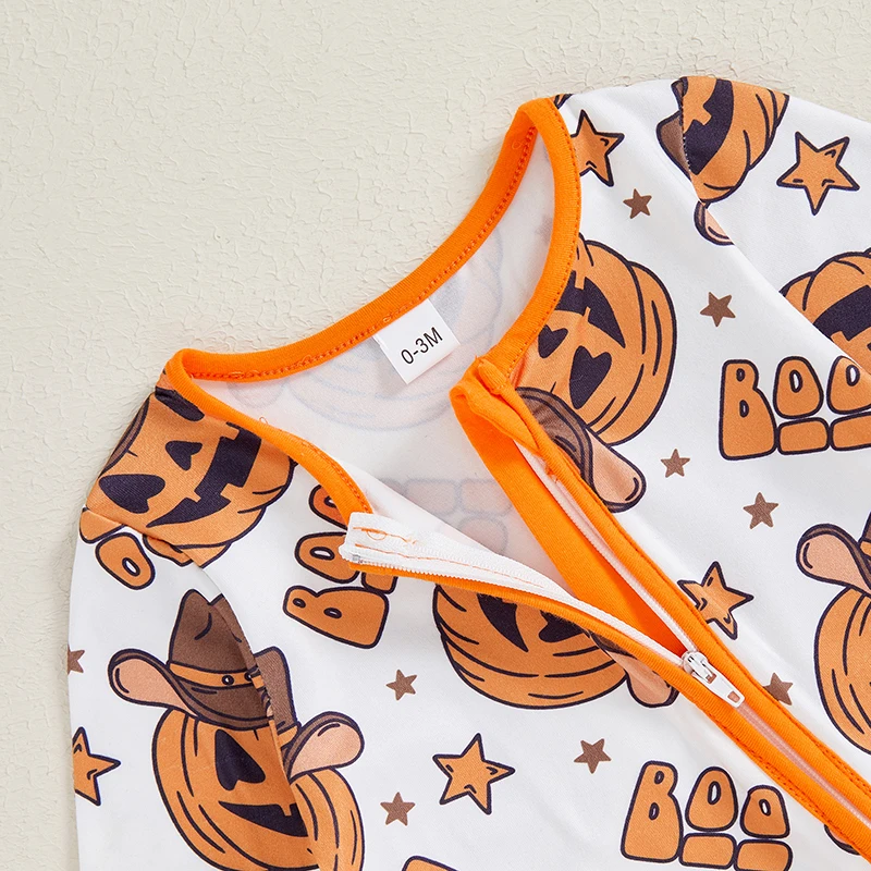 2024-05-29 Lioraitiin Baby Girls Boys Rompers Halloween Clothes Pumpkin/Cow Print Crew Neck Long Sleeve Toddler Fall Bodysuits