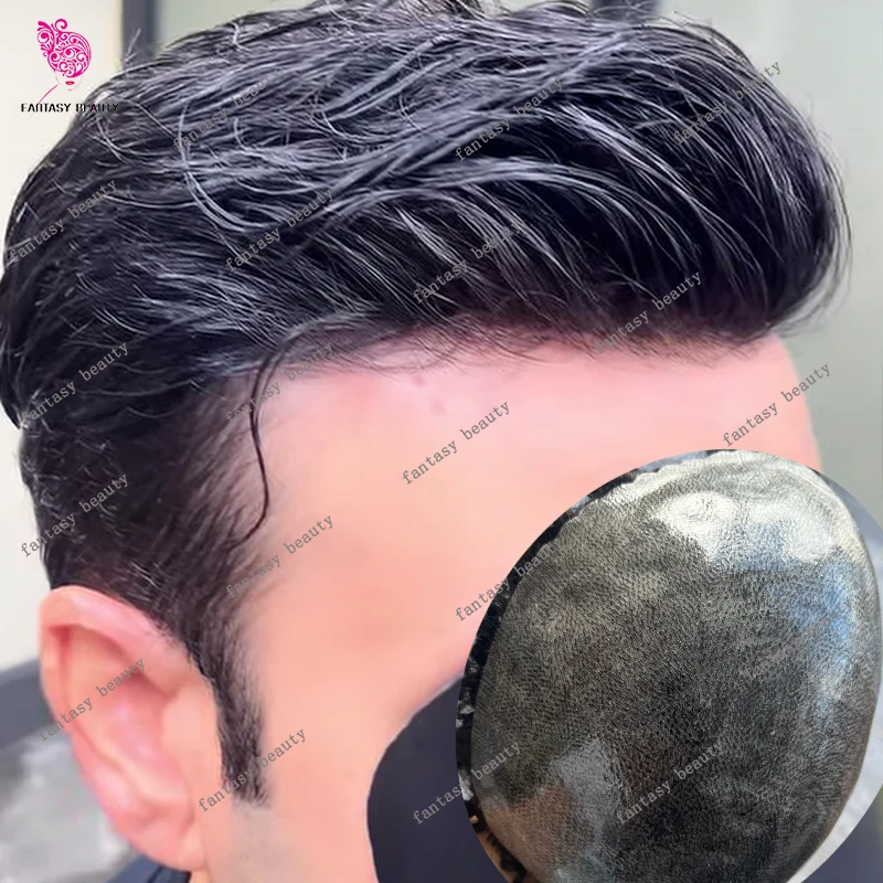 غير قابل للاكتشاف أسود نفاث سوبر دائم شعر بشري بني شعر مستعار للرجال رمادي 1b10 1b50 رخيصة رجل شعر مستعار سيليكون ذكر اصطناعي كابيلر #1