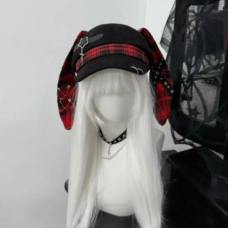 X5XA Gothic Dark Metal Charm Painter Hat for Unisex Cabbie Hat for Outdoor Leisure Dark Hat Photo Props