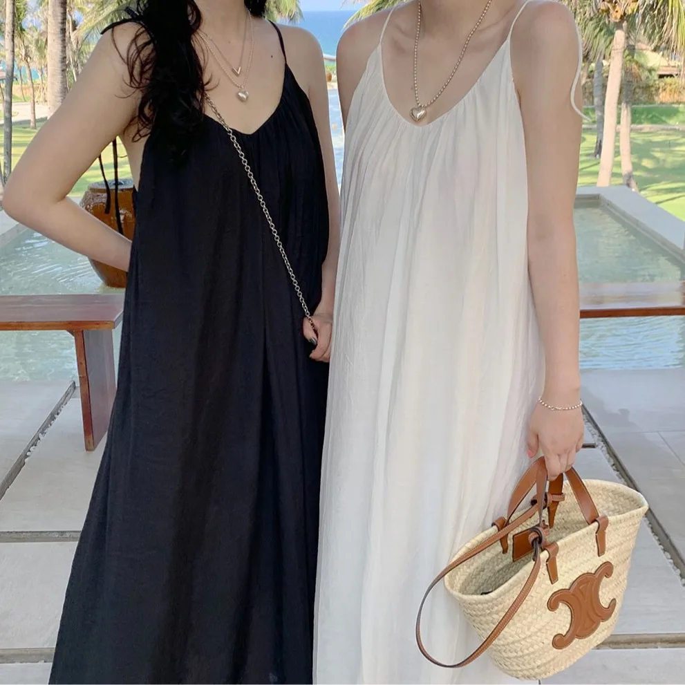 

Casual Chic Summer Vaion Sle V-Ne Loose Women's Dr Strapl Ba Design Korean Sle Regular Fit Spring Autumn Winter