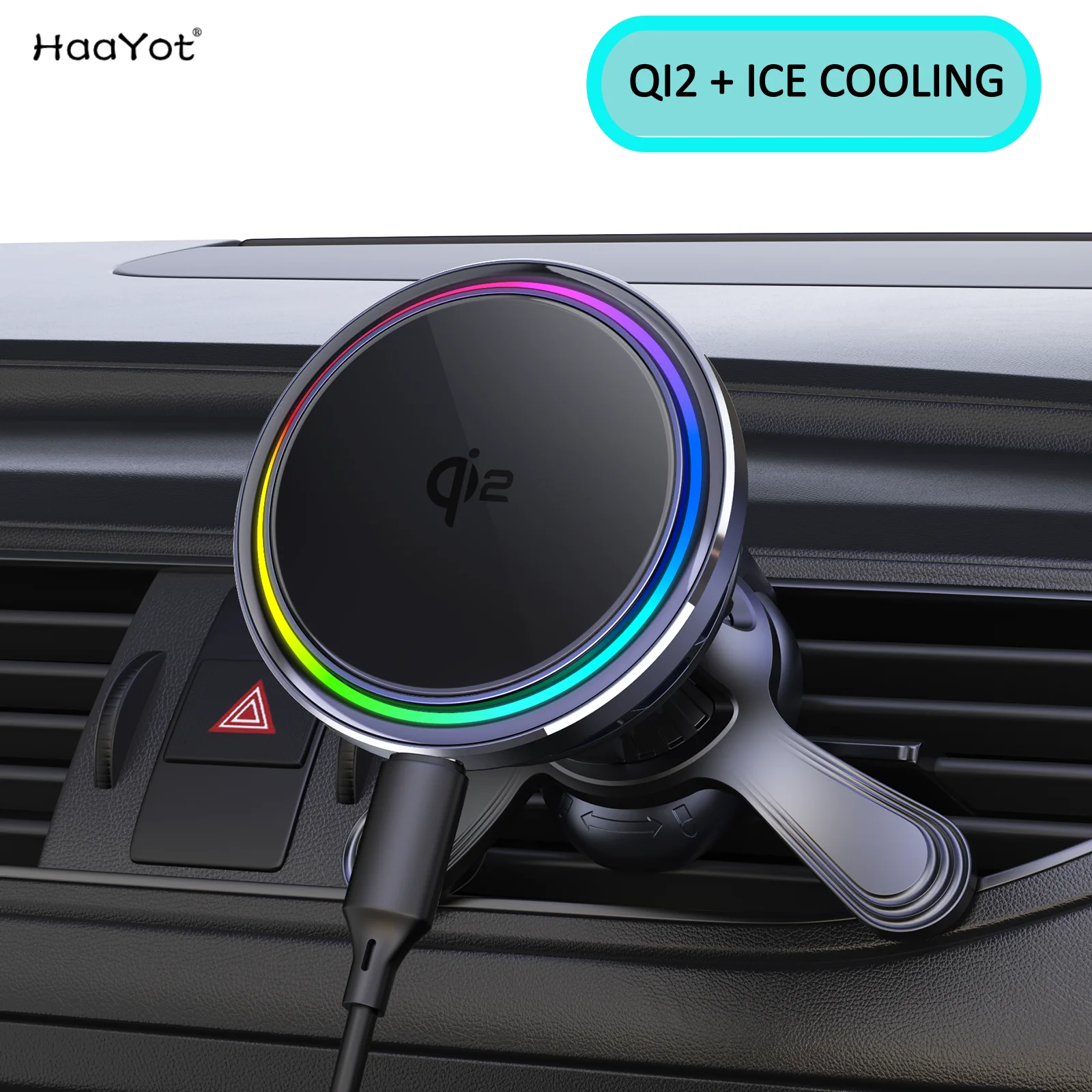 하요트 QI2 아이스 쿨링 25W 마그네틱 무선 차량용 충전기 RGB 고속 충전 폰 홀더 스탠드 (맥세이프 아이폰 17 16 15 14 호환)