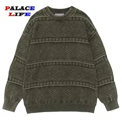 Vintage Washed Sweaters Men Japanese Stereoscopic Diamond Pattern Knitted Sweaters Streetwear 2023 Autumn Loose Casual Pullovers