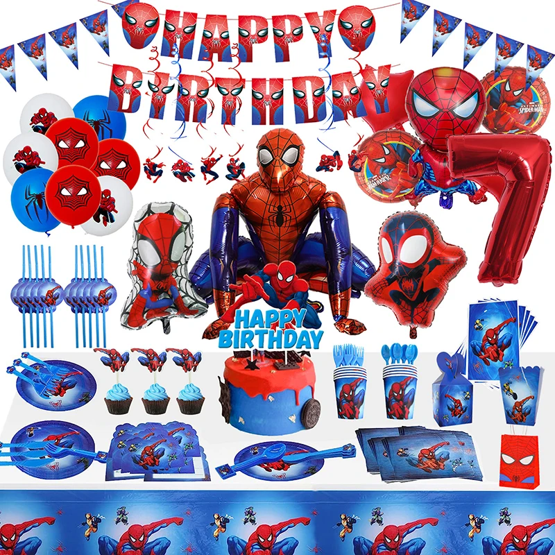 Spiderman Theme Kids Birthday Supplies 3D Great Spider Foil Balloons Disposable Tableware Napkin Cup Birthday Party Decorations