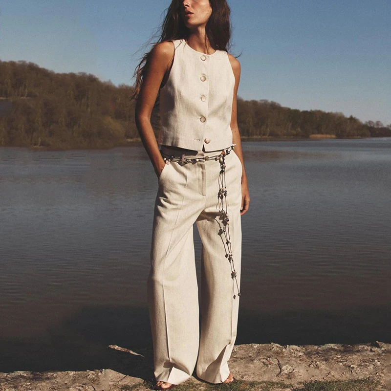 مجموعة أزياء نسائية جديدة من Z 2025، بنطلون عالي الخصر من ألياف البوليستر، صدرية مخططة بشكل قطري، بنطلون مستقيم الساق