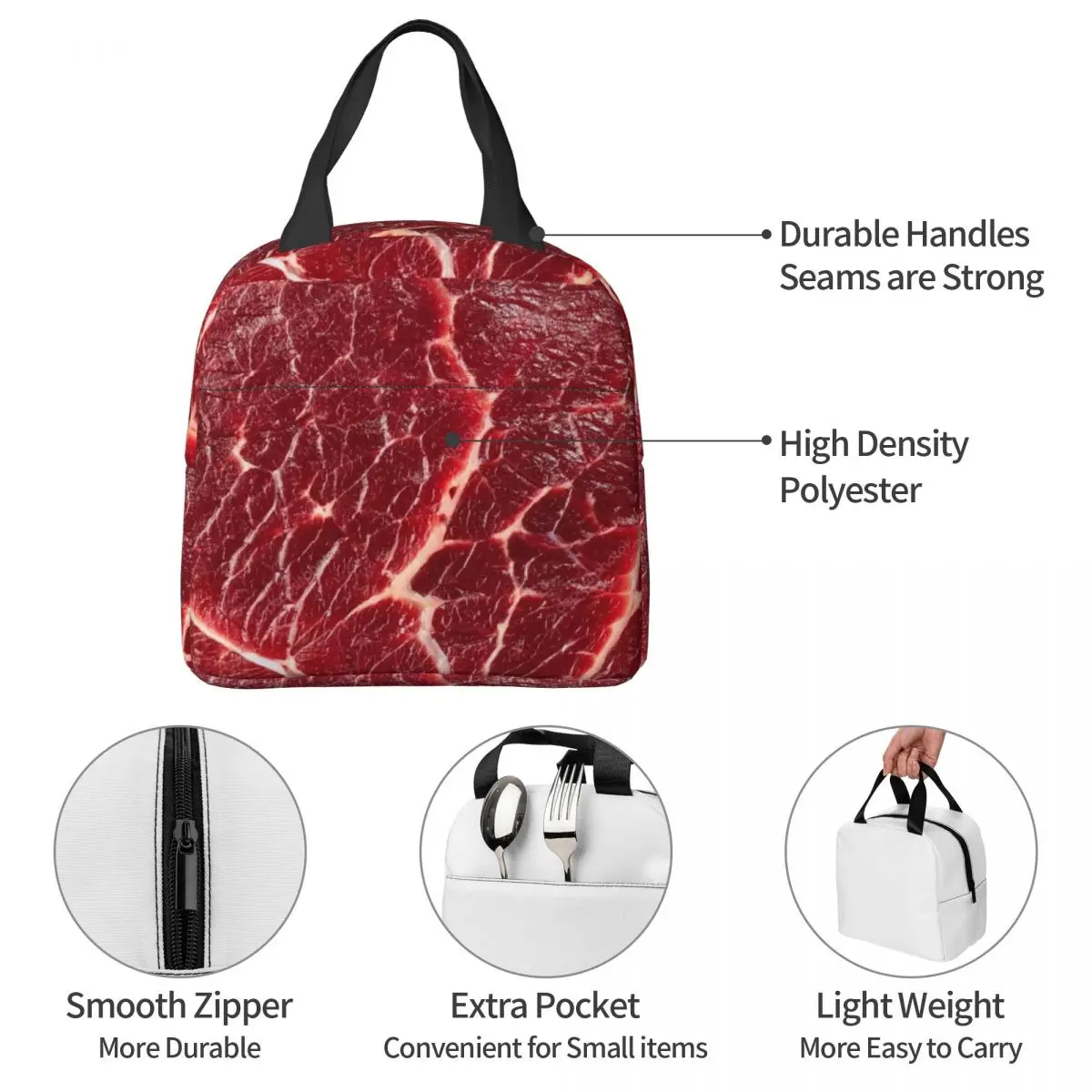 Steak Texture Insulated Lunch Bag Thermal Bag Lunch Container Large Tote Lunch Box Girl Boy College Outdoor